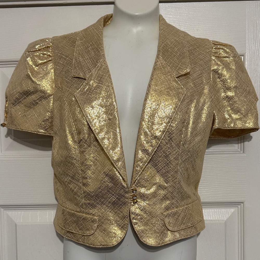 LaRok gold shiny cropped short sleeve top/ blazer, size S